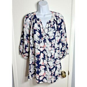 Saint Tropez West Blue Pink & Gray Abstract Print Popover Top Women's Size 1X